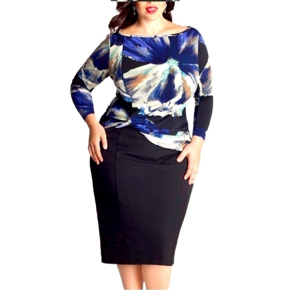 Igigi Side Knot Jersey Plus Size 18/20 Navy White Indigo WaterColor Long Sleeves - Picture 1 of 13